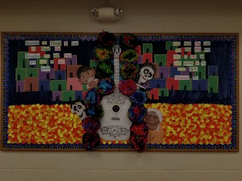 Dia de los muertos bulletin board-Coco Ofrenda Bulletin Board, Coco Bulletin Board Ideas, Coco Classroom Theme, Coco Door Decoration, Coco Door Decorations Classroom, Encanto Bulletin Board, Coco Bulletin Board, Dia De Los Muertos Bulletin Board Ideas, Disney Bulletin Boards