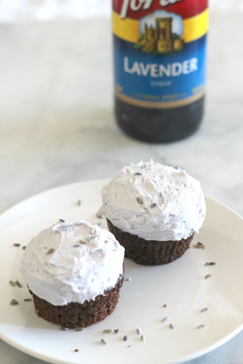 Chocolate Buttermilk Cupcakes with Lavender Buttercream Frosting made with Torani Lavender Syrup. Recipes Using Lavender Syrup, Torani Lavender Syrup Recipes, Lavender Buttercream Frosting, Torani Syrup Recipes, Lavender Buttercream, Torani Recipes, Buttermilk Cupcakes, Lavender Cupcakes, Torani Syrup