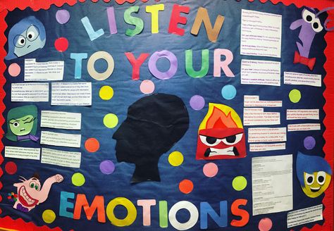 Inside Out Ed Board about mental health and understanding emotions  #RA #ResLife… Mental Health Fair Booth Ideas, Emotions Bulletin Board, Mental Health Bulletin Board Ideas, Mental Health Bulletin Board, Door Decs Ra, Counseling Bulletin Boards, Health Bulletin Boards, Elementary Bulletin Boards, College Bulletin Boards