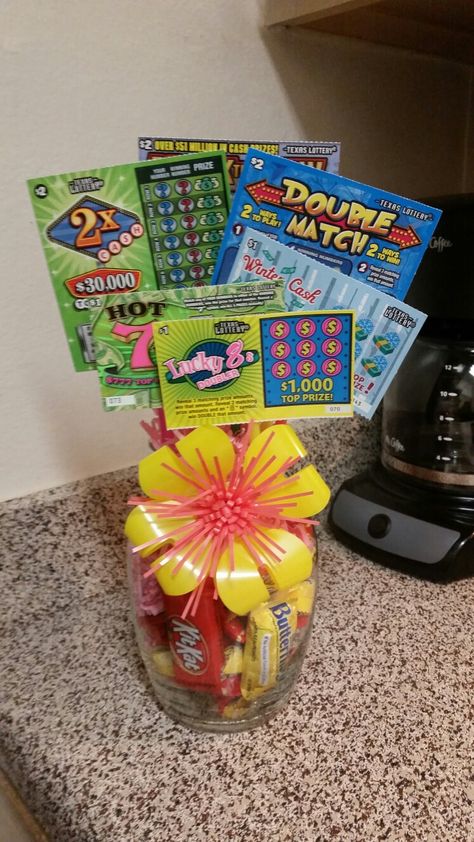 Candy and lottery ticket bouquet Candy Lottery Ticket Bouquet, Lottery Ticket Bouquet Diy, Lottery Ticket Centerpieces, Lottery Ticket Basket, Lotto Ticket Bouquet, Lottery Ticket Gift Ideas Birthdays For Men, Lottery Ticket Gift Ideas, Birthday Lottery Ticket Ideas, Scratcher Gift Ideas Lottery Tickets