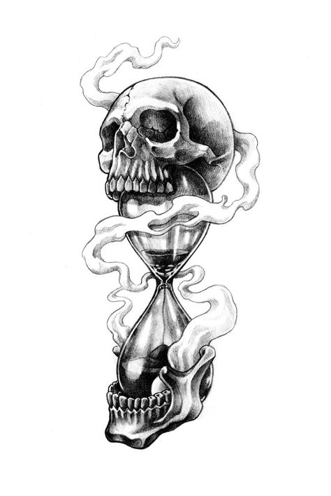 Half Sleeve Tattoos Sketches, Skull Art Tattoo, Skull Hand Tattoo, Hourglass Tattoo, Cool Tattoo Drawings, Skull Sleeve Tattoos, Clock Tattoo Design, Skull Art Drawing, Flash Tattoo Designs