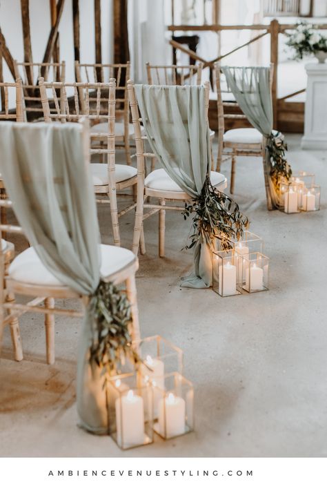 Italian romance like no other with this seductively elegant aisle style! Wedding ceremony styled at Home Farm Barns, Hampshire, UK. #stylemywedding #weddingdecor #italianinspired #elegantwedding #chairdecor Neutral Flowers Wedding Table, Moss Green And Taupe Wedding, Dusty Blue Sage Green And Ivory Wedding, Rustic Timeless Wedding, Sage Green And Cream Wedding Theme, Simple Ceremony Aisle Decor, Plant Theme Wedding, Wedding Isles Ideas Indoor, Sage And White Wedding Theme