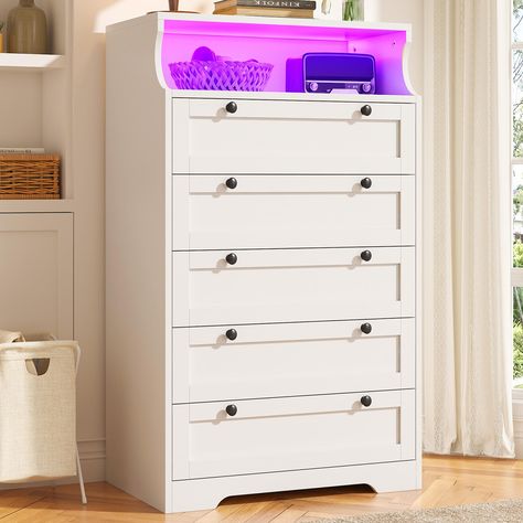 PRICES MAY VARY. 【White Dresser with LED Lights】Dresser for bedroom is equipped with hidden LED light strips in the open compartment, you can set the perfect lighting mood for any scene, which looks more beautiful in the dark and adds a elegant atmosphere to your room. The LED lights can be freely controlled by remote control for the light color, brightness, dynamic modes, and blinking frequency, which makes your dressers for bedroom more diversified and stylish, and meets your needs for modern Tall White Dresser, Dresser Tall, Wood Dressers, Space Dimension, Lighting Mood, Drawers For Bedroom, Girly Room Decor, Hallway Closet, Storage Cubby