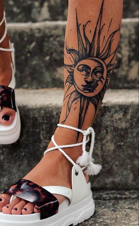 Boho Shin Tattoo, Wrap Around Rib Tattoo, Woman Shin Tattoo, Shin Tattoo Women, Womens Shin Tattoo, Front Shin Tattoo, Shin Tattoos For Women Ideas, Hippie Tattoos For Women, Female Knee Tattoos