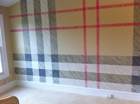 Cozy up with Burberry Plaid • Murals by Amy How To Paint Plaid Pattern On Wall, Plaid Wall Paint, Paint Plaid Wall, Painted Plaid Wall, Wall Paint Inspiration, Plaid Wall, Beach Bedding Sets, Theatre Ideas, Pitched Ceiling