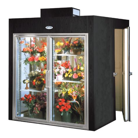 flower fridge in front and walk-in cooler at the back Walk In Storage, Flower Fridge, Flower Shop Display, Blue Flower Arrangements, Flower Shop Interiors, Florist Studio, Flower Shop Decor, Flower Shop Design, Door Display