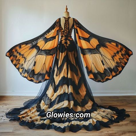 Luna Moth Wings Costume, Moth Inspired Dress, Orange Butterfly Dress, Vintage Moth Costume, Silk Moth Wings, Luna Mothews, Moth Dress, Monique Lula, Tail Dress