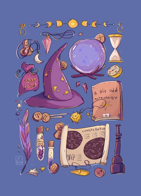 Potion Ingredients, Cosmic Witch, Moon Lights, Witch Drawing, Desain Buklet, Props Art, Star Dust, Witch Hats, Fantasy Props