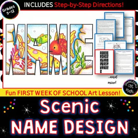 Middle School Drawing Block Letters with Landscape Scene- Art Folder Name Design Contrast Art Projects, Value Shading, 2 D Art, Foreground Background, 2023 Drawing, Name Design Art, Human Biology, 7th Grade Art, School Drawing