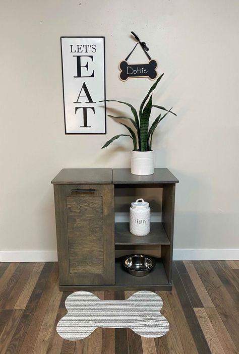 Dog Food Storage Cabinet, Dog Storage Ideas, Aged Barrel Stain, Dog Food Storage Ideas, Pet Storage Organization, Dog Food Area, Dog Supplies Organization, Cat Food Station, Open Shelf Storage