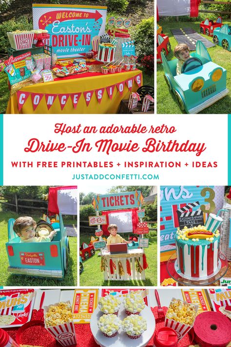 Easton's Retro Drive-In Movie Party - Just Add Confetti Outdoor Movie Birthday Party, Cardboard Box Cars, Outdoor Movie Birthday, Movie Theater Party, Backyard Kids Party, Auto Party, Outdoor Movie Party, Backyard Movie Theaters, Backyard Movie Party