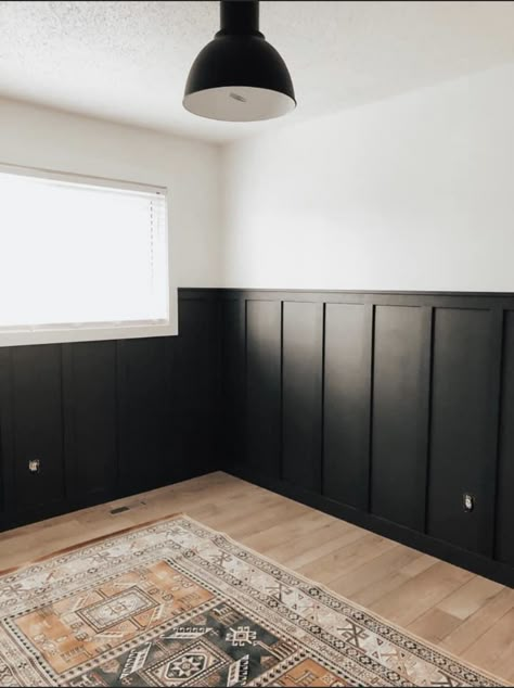 Wallpaper And Black Walls, Board And Batten Black And White, Half Black Accent Wall, Board And Batten Wall Black And White, Dark Batten Board Walls, White Board And Batten Black Walls, Batten Board Walls Black, Black And White Board And Batten Wall, Black Board And Batten Nursery