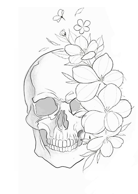 Skull Floral Tattoo Design, Skulls And Roses Drawing, Skull And Flower Drawing, Thigh Tattoos Women Stencil, Skull Outline Drawing, Floral Skull Tattoos, Ny Tattoo, Girly Skull Tattoos, Sugar Skull Drawing