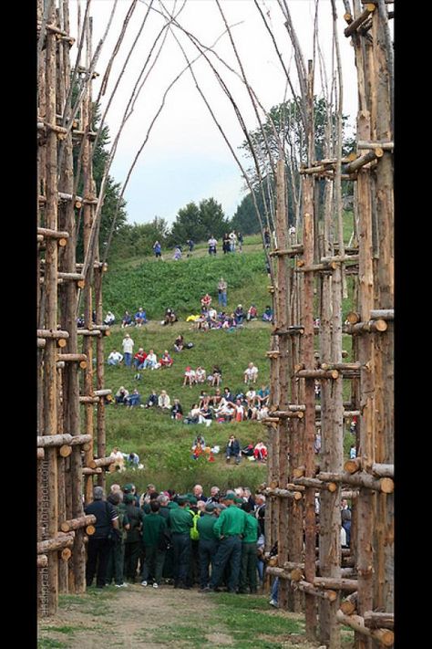 The Italian artist Giuliano Mauri was known for creating "natural architecture" by blending organic materials such as branches into large-scale outdoor works of environmental art that were, because of the nature of the pieces he worked with, temporary. Building on his love of wood and nature, Mauri conceived of forming outdoor living cathedrals with trees grown in such a way as to form the walls and roof. (B) Tree Cathedral, Temporary Building, Architecture Form, Natural Architecture, Organic Materials, Italian Artist, Growing Tree, Land Art, Environmental Art