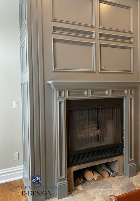 The best gray or greige paint colours to update a bathroom vanity, kitchen cabinets or island or even a fireplace surround. Shown here, Benjamin More Amherst Gray with a slate tile hearth. #kylieminteriors #paintedcabinets #fireplaceupdateideas #kyliemedesign #edesign #colourconsultant #bestpaintcolours Greige Fireplace Surround, Best Fireplace Paint Colors, Dark Painted Fireplace Surround, Greige Fireplace, Fireplace Color Ideas, Fireplace Paint Colors, Benjamin Moore Amherst Gray, Grey Painted Fireplace, Painted Fireplace Surround