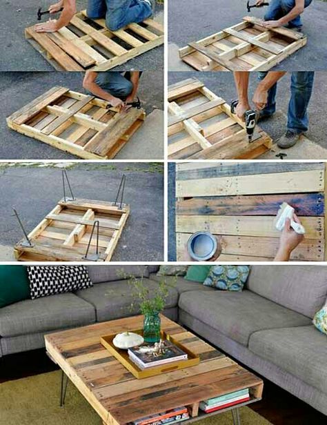 Palet Furniture Ideas, Diy Table From Pallets, Coffee Table Wood Diy, Living Room Table Diy, Diy Living Room Table, Pallets Table, Wooden Table Diy, Pallet Coffee Table Diy, Palette Table