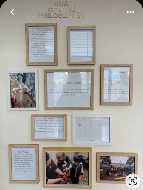 Philosophy Display Early Childhood, Childcare Hallway Ideas, Key Educator Display Childcare, Childcare Front Entrance Ideas, Childcare Foyer Displays, Qip Displays Early Childhood, School Foyer Ideas Entrance, Childcare Foyer, Preschool Philosophy