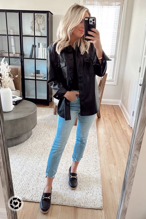 Leather Shacket Outfit Casual, Leather Shaket Outfits, Black Leather Shacket Outfit Women, Pleather Shacket Outfits, Leather Shacket Outfit Women, Faux Leather Shacket Outfit, Black Leather Shacket Outfit, Leather Shacket Outfit, Shacket Outfits