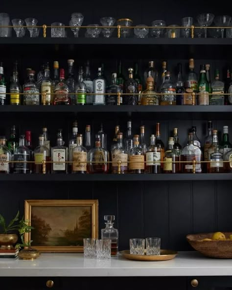 55 Home Bar Ideas That Bring the Party to You Coffee Bar Ideas Green, Dry Bar Open Shelving, Mini Bars For Home Small Spaces, Home Bar Nook Ideas, Vintage Bar Ideas For Home, Bar Glasses Display, Bar Shelf Ideas, Bookshelf Bar, Bar Layout