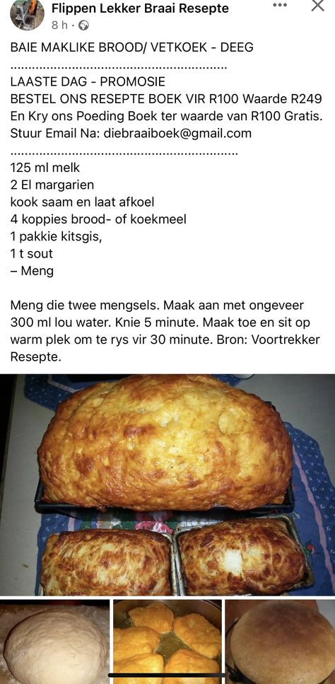 Brood / Vetkoek Deeg Pizza Bread, Bread Recipes Homemade, Bread Baking, Baked Goods, Bread Recipes, Tart, Pastry, Easy Meals, Cooking Recipes