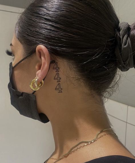 444 On Neck, 333 Behind Ear Tattoo, 444 Behind The Ear Tattoo, 444 Tattoo Behind Ear, 444 Tattoo Meaning, 444 Tattoos, 444 Tattoo, Arm Tattoos Drawing, Face Tats