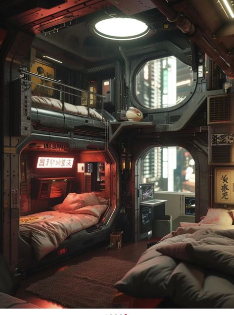 Apocalypse Bedroom, Hideout Aesthetic, Cyberpunk Bedroom Ideas, Scifi Bedroom, Spaceship Interior Bedrooms, Sci Fi Bedroom, Cyberpunk Interior Design, Spaceship Room, Scifi Room