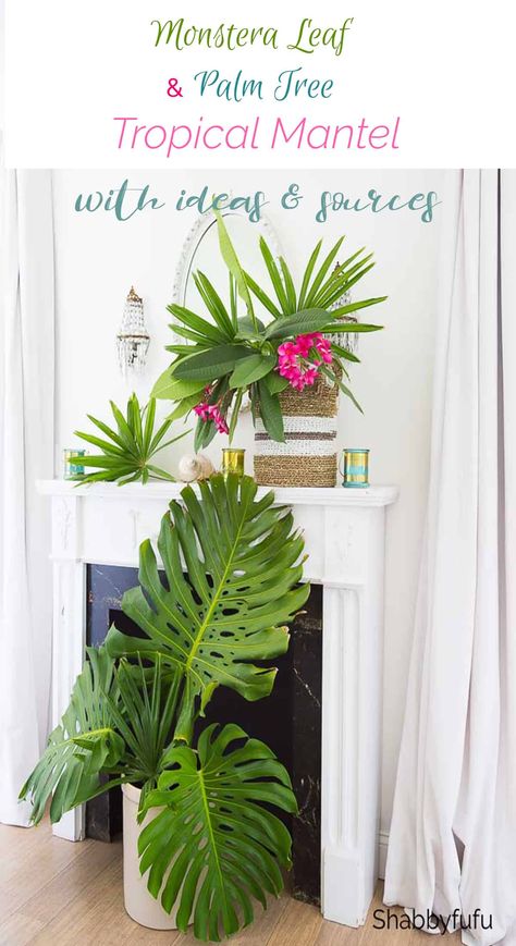 Monstera leaf decor is everywhere these days and it's great for summer! With just a few leaves, (real or faux) create a tropical mantel from this inspiring post. #mantel #summermantel #tropicaldecor #summerdecoratingideas Tropical Mantle Decor, Monstera Leaf Decor, Coastal Styling, Springtime Decor, Tropical Artwork, Summer Mantel, Tropical Interiors, Tropical Lifestyle, Mantle Ideas