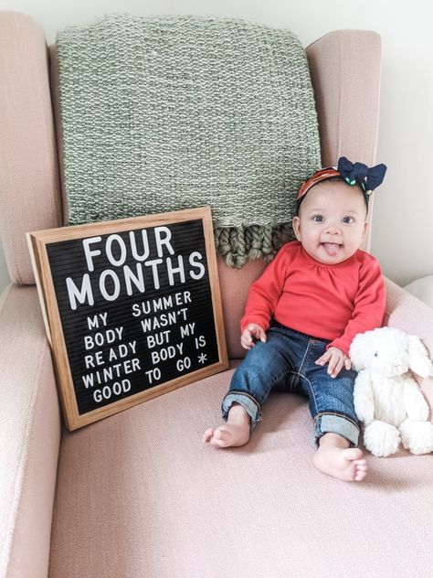 Baby 4-month letterboard milestone my summer body wasn't ready but my winter body is good to go 4 Month Old Milestones Photo Shoot, Teething Milestone Pictures, 4 Months Letter Board Baby, 4 Month Old Milestones Photo Ideas, 4 Month Milestones Photo Ideas, 4 Months Baby Photoshoot Ideas, First Baby Pictures, 4 Month Old Baby, 4 Month Baby