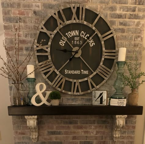 Decorating Around A Large Clock, Clock Above Mantle, Decor With Clocks On Wall, Floating Mantle Decor, Clocks Above Fireplace Mantels, Fireplace With Clock Above, Large Clock Above Fireplace, Decorating Around Large Clock Wall Ideas, Clock Shelf Wall Decor