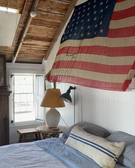 Alfredo Paredes Studio on Instagram: "Happy Fourth of July! Hope everyone is having a breezy summer.  #AlfredoParedesStudio" Flags In Bedroom, Americana Interior Design, Alfredo Paredes, Americana Room, Dog Bedroom, Americana Home, Happy Fourth Of July, July 4, Cabin Decor