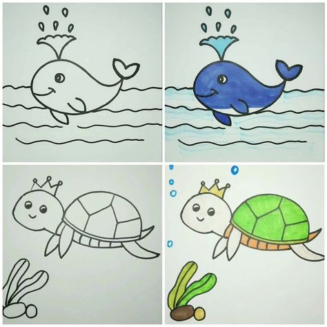 Animal Drawings Tutorial, Aquatic Animals Pictures, Aquatic Animals Drawing, Water Animals Drawing, Drawing A Fish, Drawing Pictures For Kids, Aquatic Animal, Water Kids, Drawing Pictures