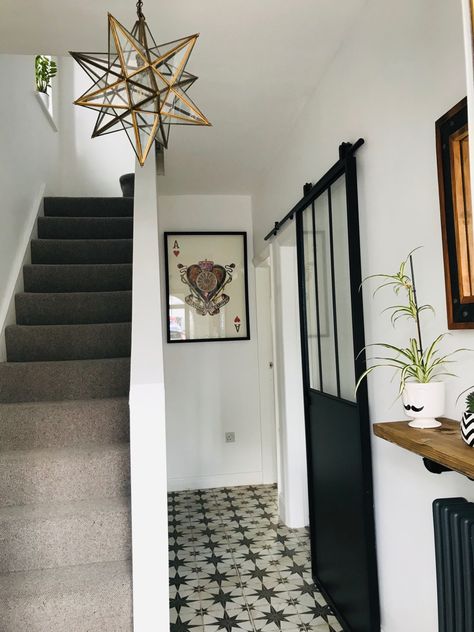 Industrial Style Hallway, Industrial Hallway Ideas, Eclectic Industrial Decor, Monochrome Hallway, Industrial Hallway, Beige Hallway, Eclectic Industrial, Hallway Makeover, Modern Monochrome