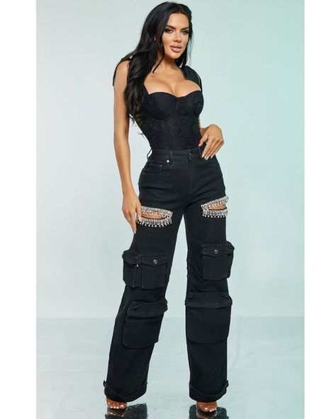 You won't want to take these off, and we don't blame you. They're cute!! The Rhinestone Cutout Denim Cargo Pants in Black. Don't worry, we haven't forgotten about Light Wash, stay tuned :) Pants With Cutouts, Denim Cargo Pants, Denim Cargo, Stay Tuned, Don't Worry, Cargo Pants, Pants, Black, Trousers