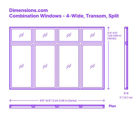 The 4-Wide Transom combination window is a sophisticated design that consists of four vertical panels in a single horizontal row, each topped by an individual transom in the second row. This four-panel-wide arrangement artfully melds form and function, allowing copious natural light and presenting panoramic views. Downloads online #windows #buildings #construction Four Windows In A Row, Aluminum Windows Design, Standard Window Sizes, Roof Truss Design, Family Room Addition, Window Dimensions, Architecture Design Process, Shop Drawing, Window Drawing