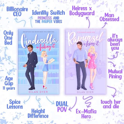 💙💜 Overview of the Tropes in Books 1&2 of the Princess Crossover series 💜💙 I just realized that I never put up a post with Cinderella and Rapunzel side-by-side, even though it would be so useful to just point to a graphic like this and be like “this is what you can find in my books” 🙃 So… here it is. This is what you can find in my books. The first book is Cinderella Is Faking It by Dilan Dyer. It’s an age gap billionaire romance novel with Princess and the Pauper vibes. 🦋 The second book... Tropes In Books, Age Gap Romance Books, Book Tropes, Romcom Books, Romance Books Worth Reading, Film Recommendations, Action Books, Fiction Books Worth Reading, Book Reading Journal