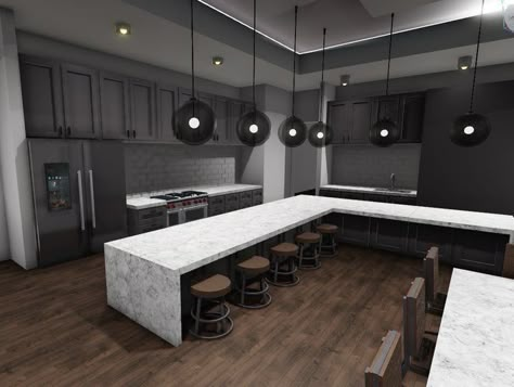 Modern Dining Room Bloxburg Ideas, Bloxburg Kitchen Modern Ideas, Bloxburg House Ideas Black And White, Bloxburg Flooring Ideas, Simplistic Bloxburg House, Modern Bloxburg Kitchens, Dark Bloxburg Kitchen, Bloxburg Kitchen Ideas Modern Big, Big Kitchen Bloxburg Ideas