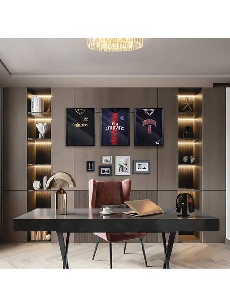 Introductions: Our products are made of high-end MDF anti fading matte black finish. The display surface is made of anti broken acrylic, high transparency and anti ultraviolet. The inner lining is made of velvet, which is simple and comfortable. With a key lock, the safety is greatly increased  Your high-end and exquisite jerseys are in urgent need of a product like ours. It can be displayed and protected. Clothes can be perfectly stretched out in the display frame to avoid creases. Hanging it in any position at home will add a high-end atmosphere  The size of 31.50 "x 23.62" x 1.77 "is suitable for all kinds of sportswear - baseball, basketball, football, hockey, jerseys and souvenirs. Enough as a beautiful gift for family and friends  Features: 1. Pattern of fashion design, so that your Football Jersey Display Ideas, Awards Display Wall, Hockey Jersey Display, Sports Memorabilia Display, Wall Display Case, Jersey Display Case, Modern Home Offices, Jersey Display, Award Display