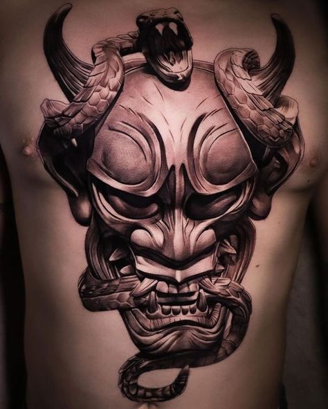 Asian Inkspiration ✪ on Instagram: "Hannya x Snake By 💥 @ashanherrera 💥" Oni And Snake Tattoo, Oni Mask Snake Tattoo, Oni Mask With Snake Tattoo, Hannya Mask And Snake Tattoo, Hanya Snake Tattoo, Hanya Mask With Snake Tattoo, Oni Masks, Tattoo Snake, Oni Mask