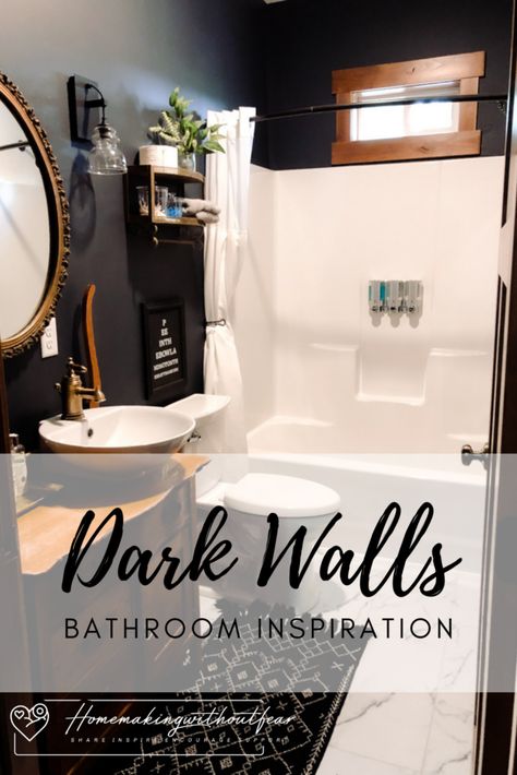 Dark Wall And Ceiling Bathroom, Dark Wall Light Floor Bathroom, Small Bathroom Dark Paint Ideas, Charcoal Walls Bathroom, Black Bathroom White Wainscoting, Bathroom Remodel Dark Walls, Men’s Small Bathroom Ideas, Dark Paint Master Bath, Small Dark Bathrooms Ideas