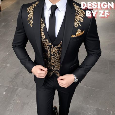 Black And Gold Tuxedo Prom, Suit For Prom Men, Black And Gold Suit Men Prom, Black And Gold Suit Men, Black Suit Ideas For Men, Suits For Groom Wedding, 3 Piece Suit Men Wedding, Black And Gold Suit, Coat Suit For Men