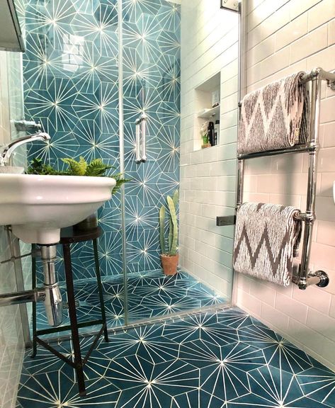 Michelle-interiors/home decor’s Instagram profile post: “Is it wrong to get excited by the look of a shiny, clean tile? Well I do! And it’s a thing @houseofmaram 😏 Over the years I must have…” Blue Cement Tile, Riad Tile, Casas Coloniales, Upstairs Bathrooms, Bathroom Redo, Blue Tiles, Bathroom Renos, Cement Tile, Bath Remodel