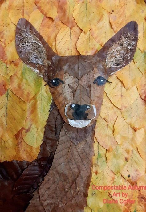 Leaf Art Diy, Collage Nature, Dry Leaf Art, No Carve Pumpkin Decorating, Autumn Leaves Art, Sweet Chestnut, Leaf Animals, Nature Collage, Deer Art