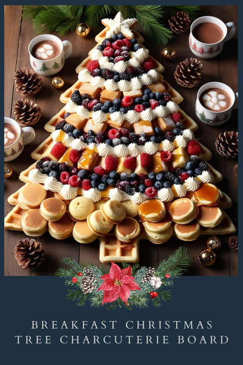 Start your holiday morning with a Breakfast Christmas Tree Charcuterie Board!   Stack mini pancakes, waffles, muffins, and fresh fruits into a festive tree shape.   Top with whipped cream for snow and a drizzle of syrup for extra sweetness. A cozy way to celebrate Christmas!  📌 Save this idea for a fun and festive Christmas breakfast! 🍓��🥞 Waffle Christmas Tree, Christmas Themed Breakfast Charcuterie Board, Christmas Breakfast Grazing Board, Christmas Tree Charcuterie Board Dessert, Mini Pancake Board, Rudolf Pancakes, Sweet Christmas Charcuterie Board Ideas, Christmas Brunch Board Ideas, Christmas Charcuterie Board Breakfast