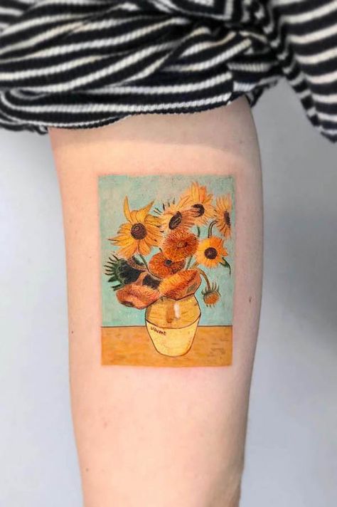 28 Gorgeous Vincent Van Gogh Tattoos with Meaning - Our Mindful Life Sunflower Mandala Tattoo, Tiny Tattoos With Meaning, Van Gogh Tattoo, Tattoo Van, Small Butterfly Tattoo, Daisy Tattoo, Small Tattoos Simple, Sunflower Tattoos, Painting Tattoo