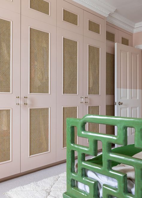 Pax Wardrobe Wall, Pink Built In Wardrobe, Pink Wardrobe Design, Queenslander Bedroom, Staircase Colour, Built In Wardrobe Ideas, Rattan Wardrobe, Fabric Wardrobe, Rattan Door