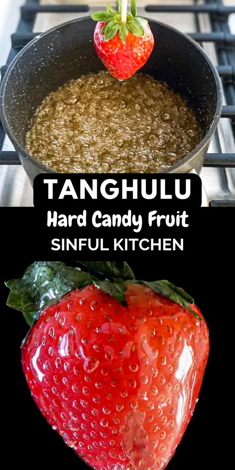 3 Ingredient Tanghulu, Chinese street food, is hard candied fruit served on a bamboo skewer. Use any fruit, but strawberry tanghulu is a crowd favorite. Easy to make, this easy treat is with sugar and water, without corn syrup. Japanese Candied Strawberries, Candied Strawberries Without Corn Syrup, Tanghulu Recipe, Strawberry Tanghulu, Candied Strawberries, Candied Grapes Recipe, Candied Fruit Recipes, Sugared Fruit, Candied Grapes