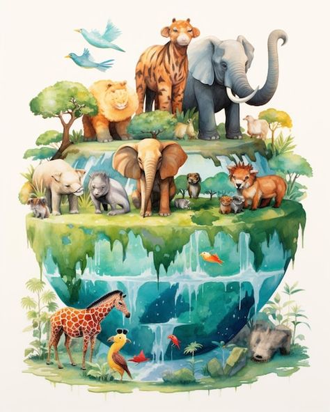 Earth Mood Board, Biodiversity Poster Drawing, Earth Day Collage, Biodiversity Images, Biodiversity Illustration, Wild Life Conservation Poster, Poster On Wildlife Conservation, Biodiversity Loss Illustration, Pet Day