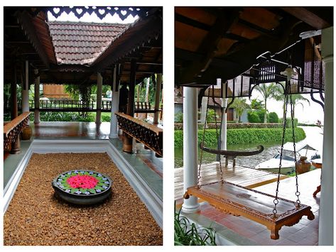 A traditional Kerala courtyard with a traditional Kerala swing. What more can you ask for. Courtyard Houses, Kerala Architecture, Indoor Courtyard, India House, Building A Porch, Indian Home Design, Indian Home Interior, Kerala House Design, Kerala Houses