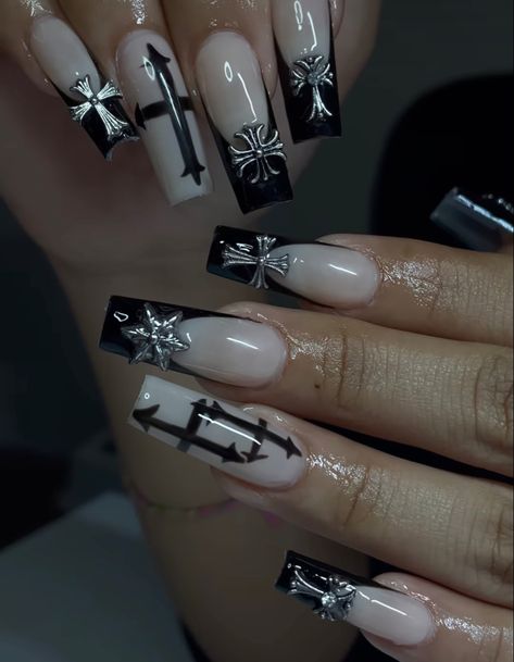 Nails Acrylic Emo, Tattoos For Moms, Fireplace Tv Wall Decor, Emo Dark, Cross Nails, Room 2023, Fireplace Tv Wall, Punk Nails, Gothic Nails