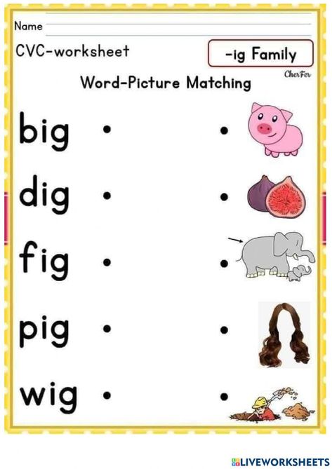 Ig Family Words, Ig Word Family, Phonics Cvc Words, Family Words, Family Worksheets, Learn Alphabet, Phonics Cvc, Cvc Worksheets, Cvc Words Worksheets